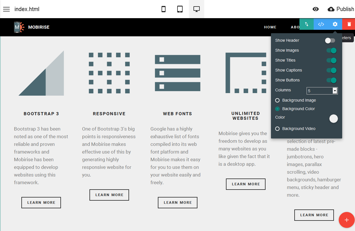 Mobirise is an easy application that is user friendly coupled with a drag and drop model.